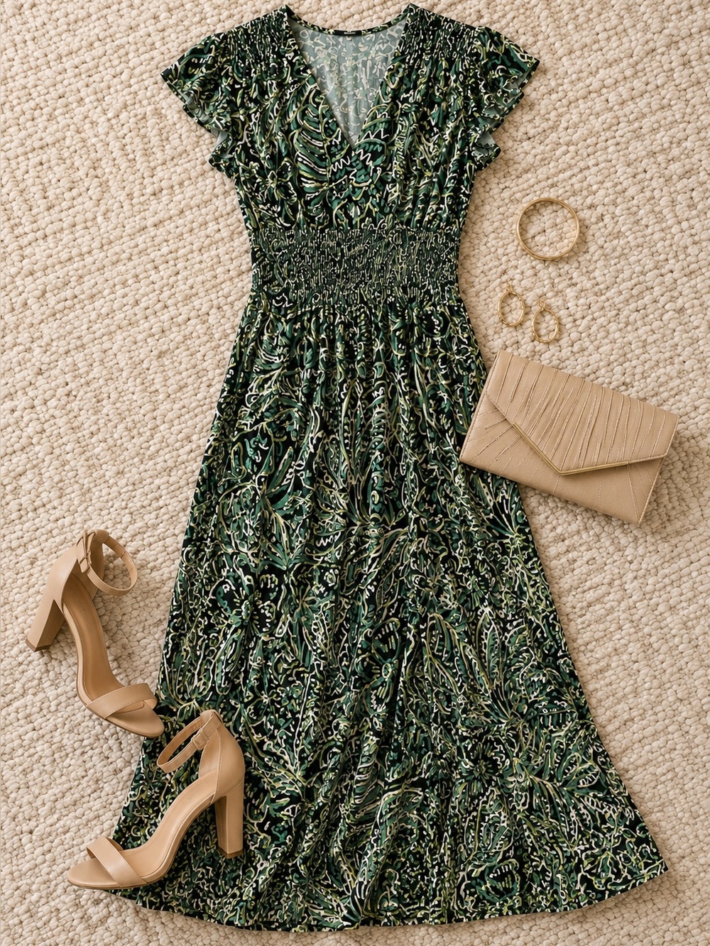 London Times Petite Green Printed Jersey Maxi Dress NWT Size 4P V-Neck